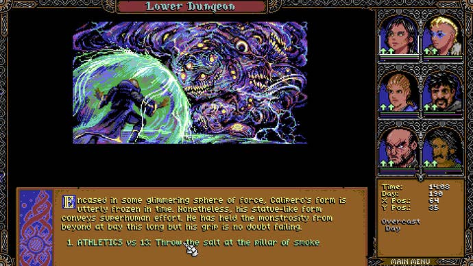 A wizard raises a barrier to protect themselves against a monstrosity in Skald: Against The Black Priory.