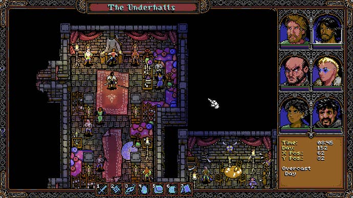 An image from Skald: The Black Priory, but it looks like an image that could have been pulled from an early 90s computer game, or earlier - from an Ultima, perhaps. It's heavily pixelated and 2D, showing the interior of a castle hall, maybe, or a pirate cavern. It's very colourful.