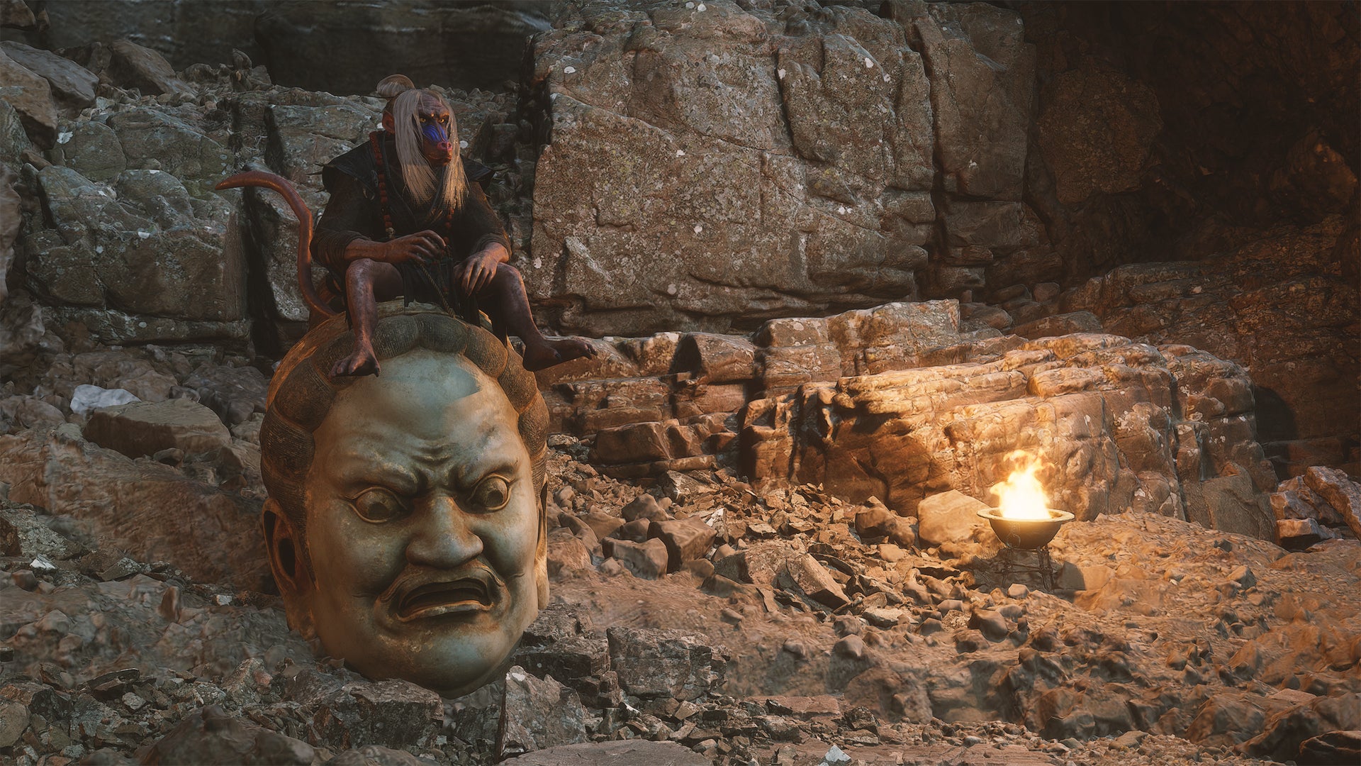 A monkey sitting on a Skandha boulder in Black Myth Wukong. - 4