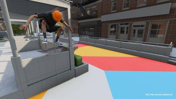 A skater jumping over a ledge in Skate.