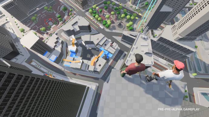 Two skateboarders look down from the top of a skyscraper at the city of San Vansterdam.