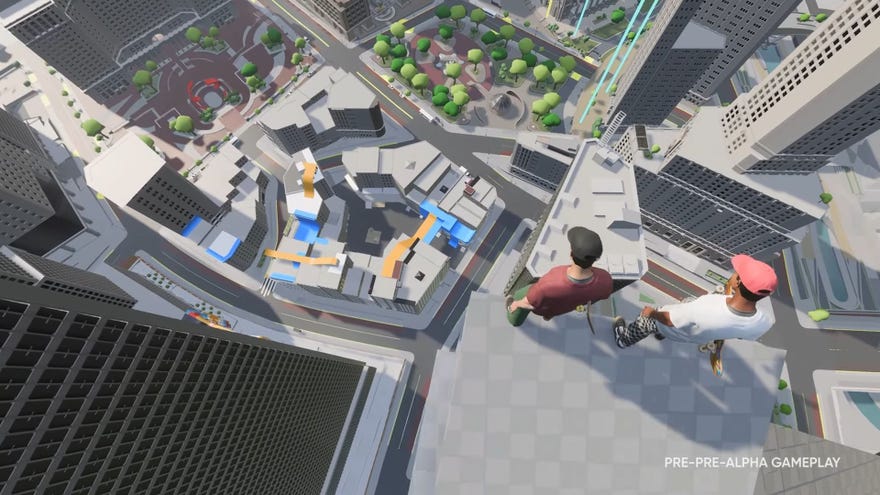 Two skateboarders look down from the top of a skyscraper at the city of San Vansterdam.