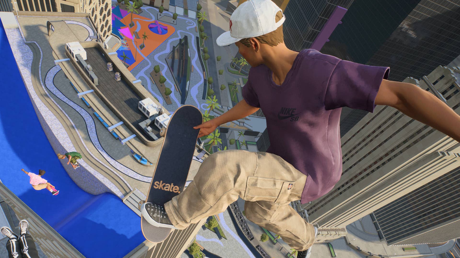 A skater in a maroon top pops a melon on top of a quarterpipe in Skate.