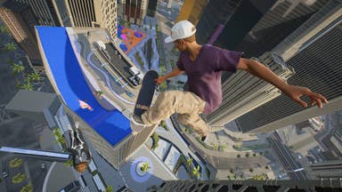 Skate reboot screenshot showing a skateboarder jumping high above a skate park situated on top of a skyscraper, the city stretching out below them.