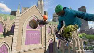 Skate. image showing two characters on skatboards jumping through a circular window in the side of a building