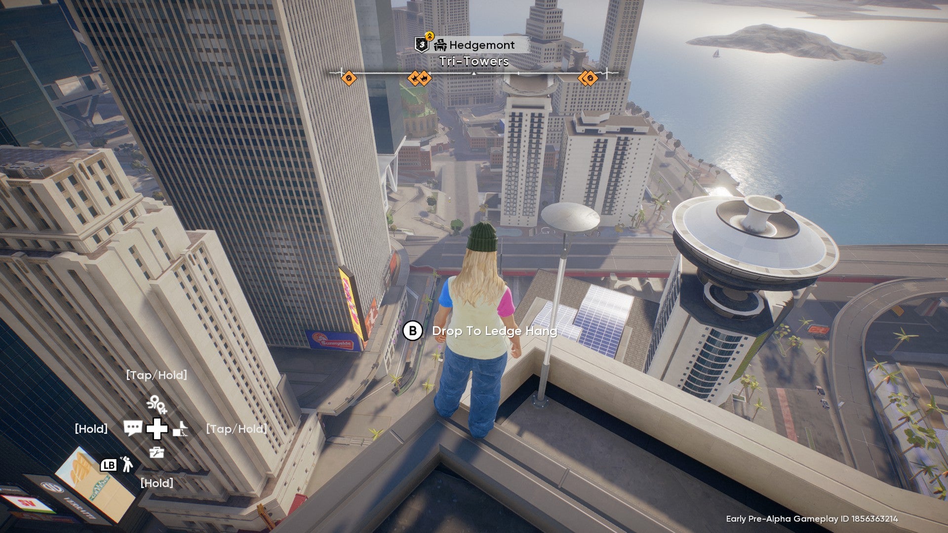 Skate screenshot showing you standing on the corner of a skyscraper rooftop looking down