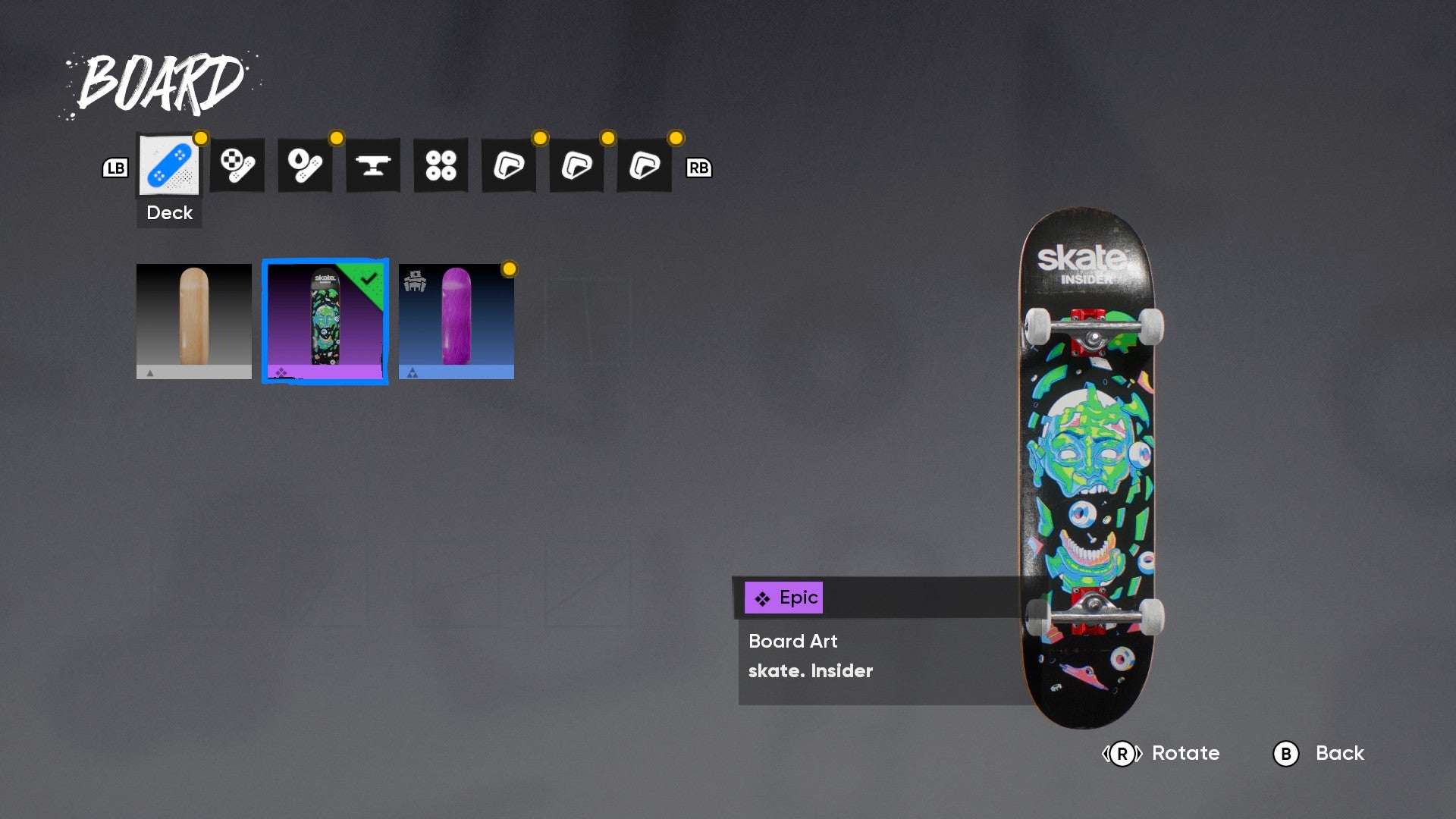 Skate screenshot showing customisable boards