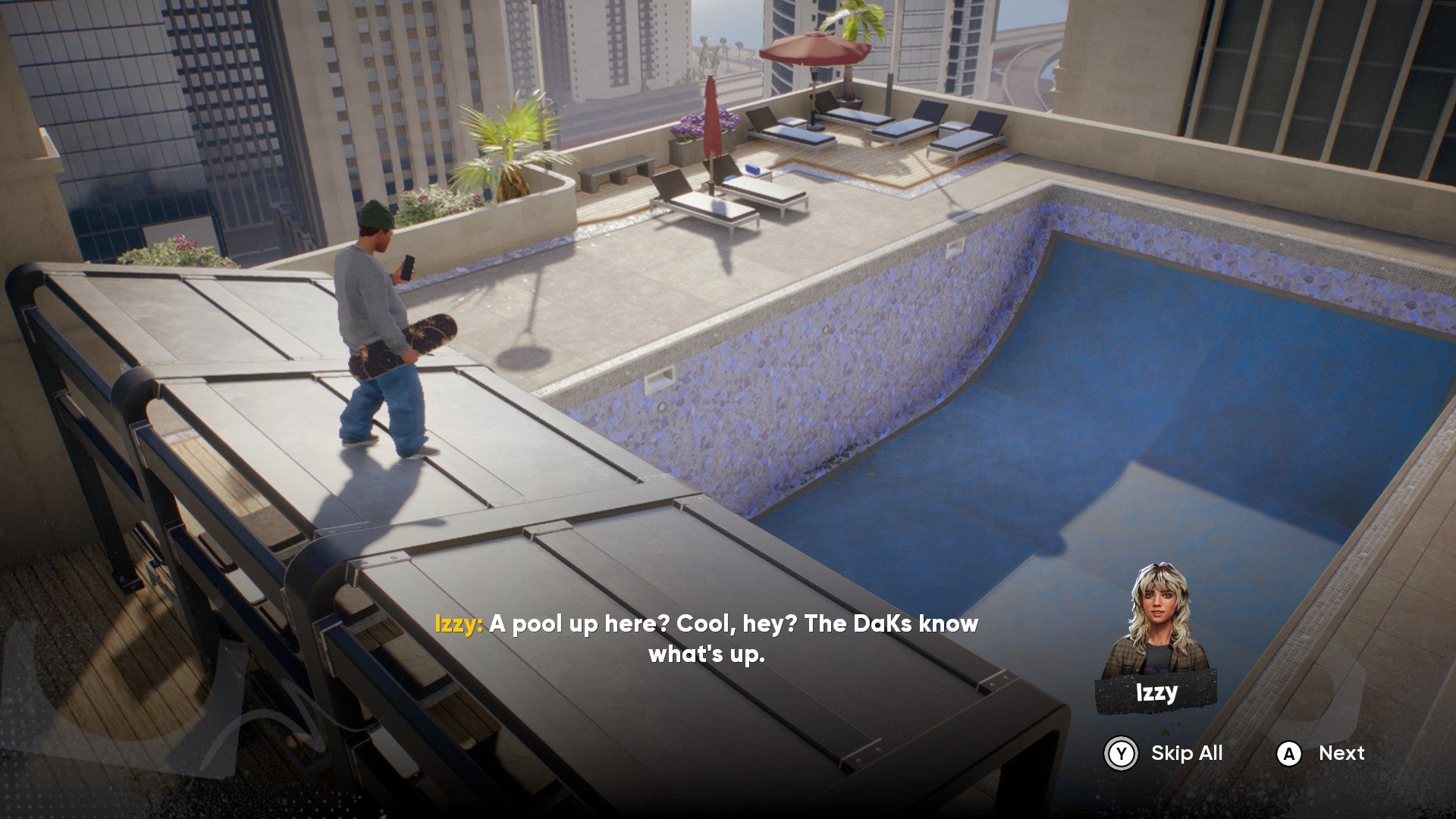 Skate screenshot showing an empty rooftop pool shaped like a half-pipe