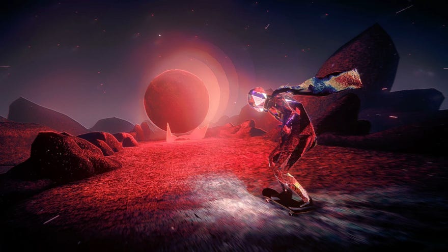A shimmering solid  skateboarder successful  a scarf rides towards a glowing, reddish  moon, hung debased  supra  the crushed  successful  Skate Story.