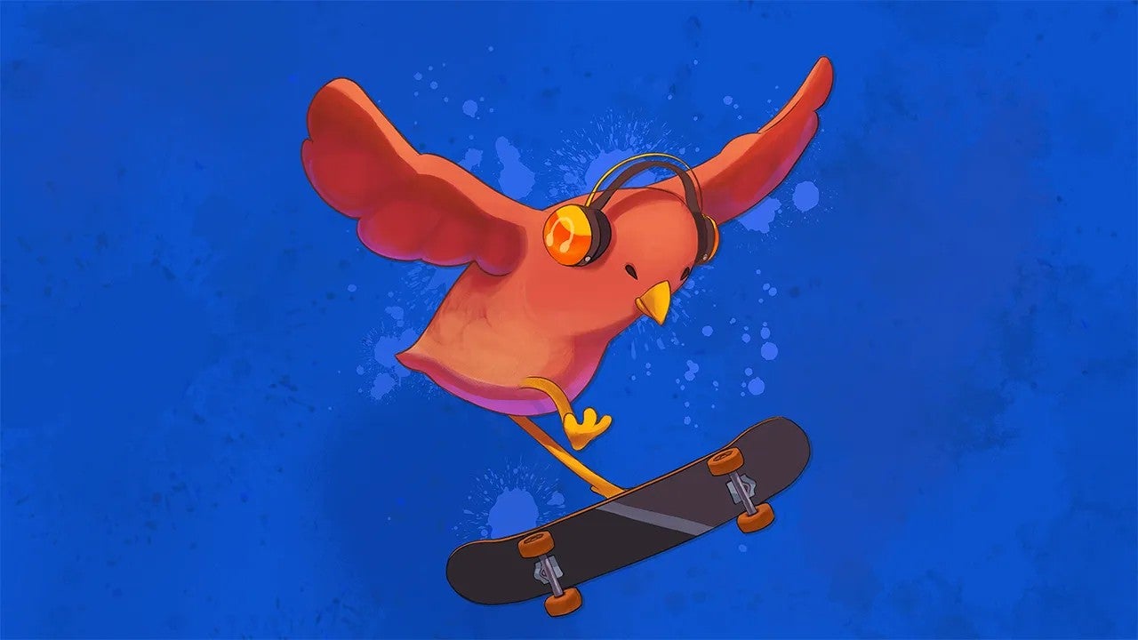Skatebird key art showing bird doing a kickflip.
