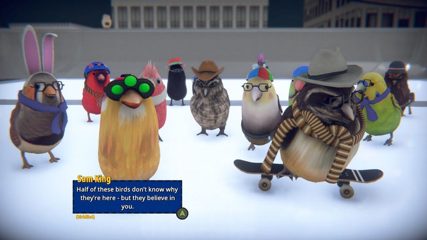 A group of birds in different costumes gather in Skatebird