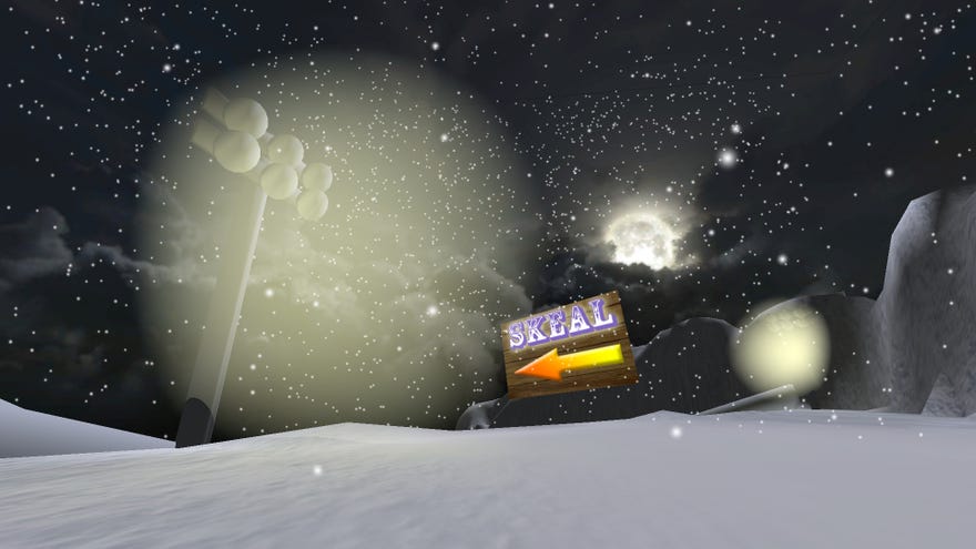 The Skeal logo and an arrow pointing down a snowy hill in Skeal.