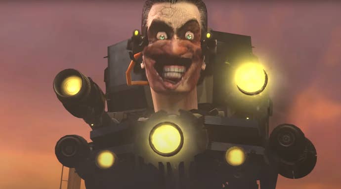 The G-Man’s head strapped into a sort of techno military toilet.