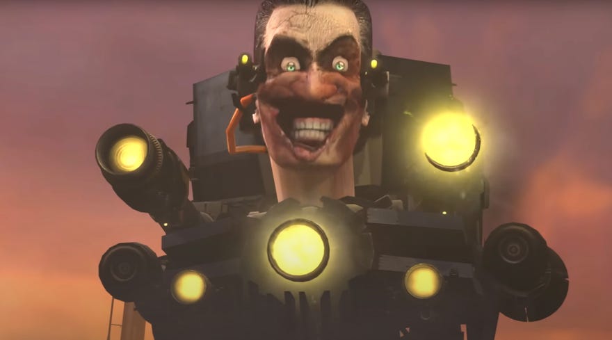 The G-Man’s head strapped into a sort of techno military toilet.