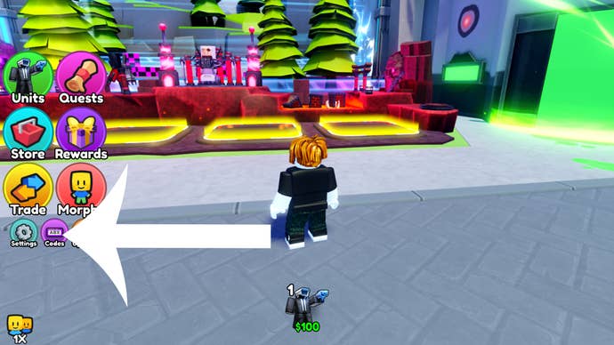 Arrow pointing at the codes button in the Roblox game Skibidi Tower Defense.