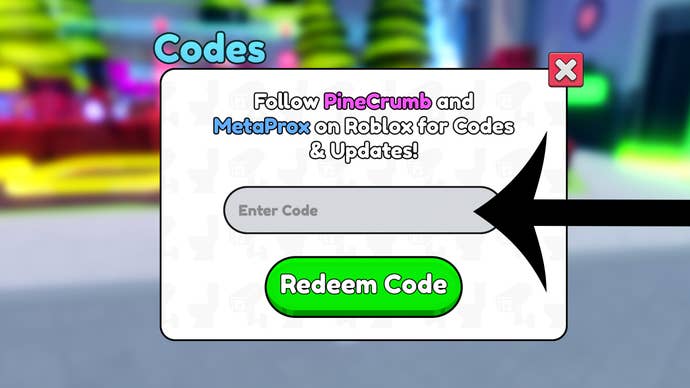 Arrow pointing at the codes menu in Skibidi Tower Defense.