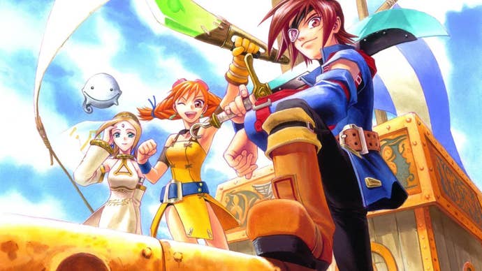 Skies of Arcadia key art showing the main cast of characters aboard a skyship.