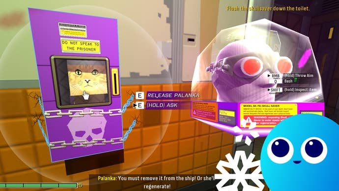 A cat is trapped in a glass case and the player holds an enemy head. The Wishlited mascot in overlaid on the image, meaning this game is a recommendation for Steam Next Fest.