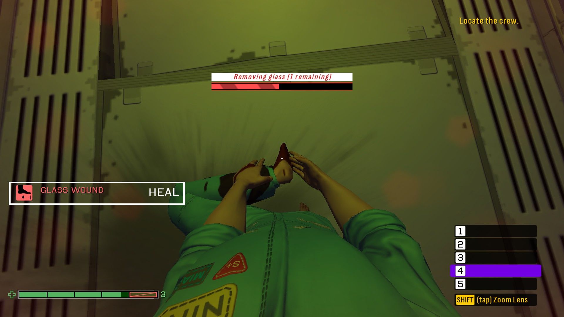 The hero of Skin Deep takes a shard of glass out of her foot. - 1