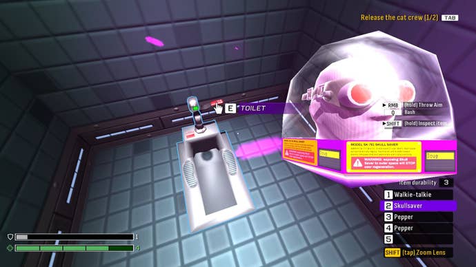 The player holds an enemy’s head and is about to flush it down a toilet into space.