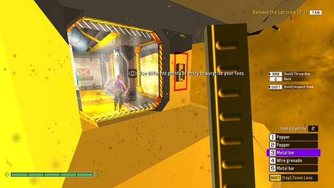 The player waits outside the ship with an iron bar ready to smash a window.