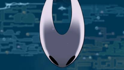 Image showing the Hornet's head from Silksong over a blue-hued background of underground tunnels in Hollow Knight: Silksong.