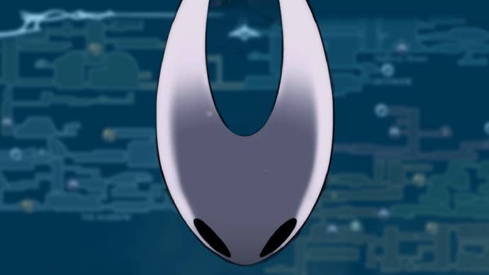 Image showing the Hornet's head from Silksong over a blue-hued background of underground tunnels in Hollow Knight: Silksong.