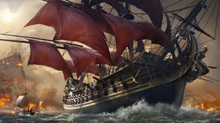 A high def screenshot from Skull And Bones showing a huge red-sailed pirate ship sailing away from an explosion