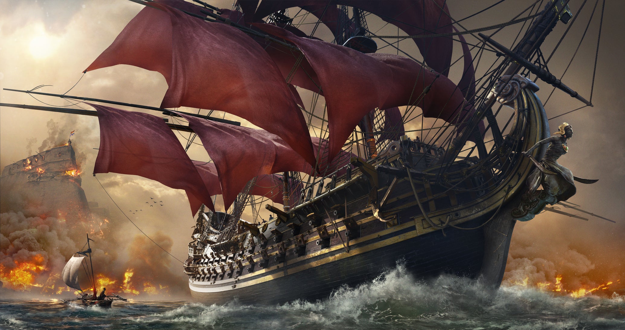 A high def screenshot from Skull And Bones showing a huge red-sailed pirate ship sailing away from an explosion - 1