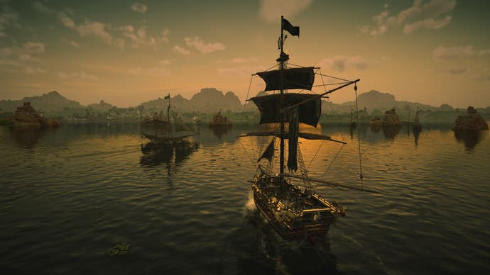 Skull and Bones screenshot showing a larger pirate ship at a yellow-hued dusk