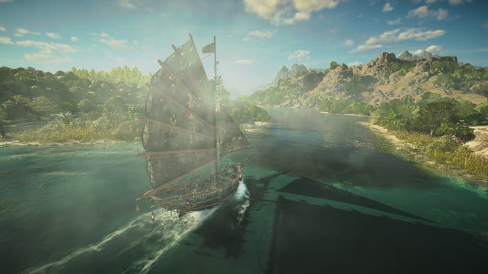 Skull and Bones screenshot showing a very large ship with lots of sails during nice weather