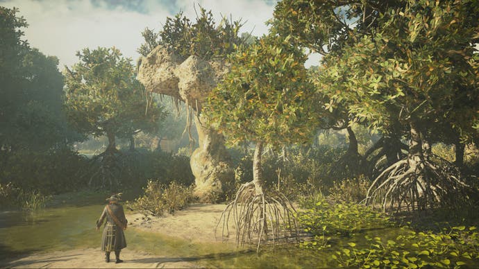 Skull and Bones screenshot showing a pirate walking amongst some pretty green trees with anove-ground roots