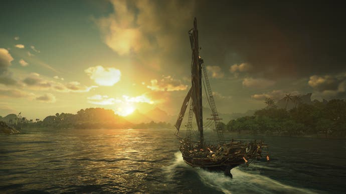 Skull and Bones screenshot showing a small boat at sea at sunset