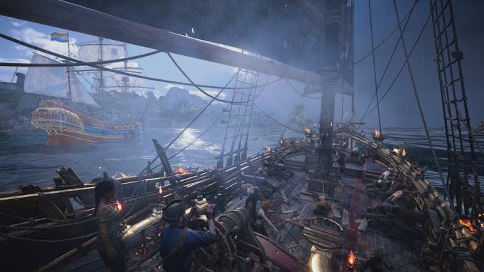 Skull and Bones screenshot showing shop combat at night