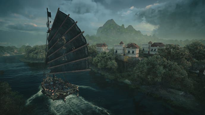 Skull and Bones screenshot showing a ship with a fan-like sail at disk by the coast