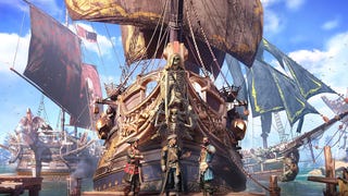 Official Skull and Bones artwork showing three pirates stood in front of their moored pirate ship that faces the camera, with others in the background against a blue sky