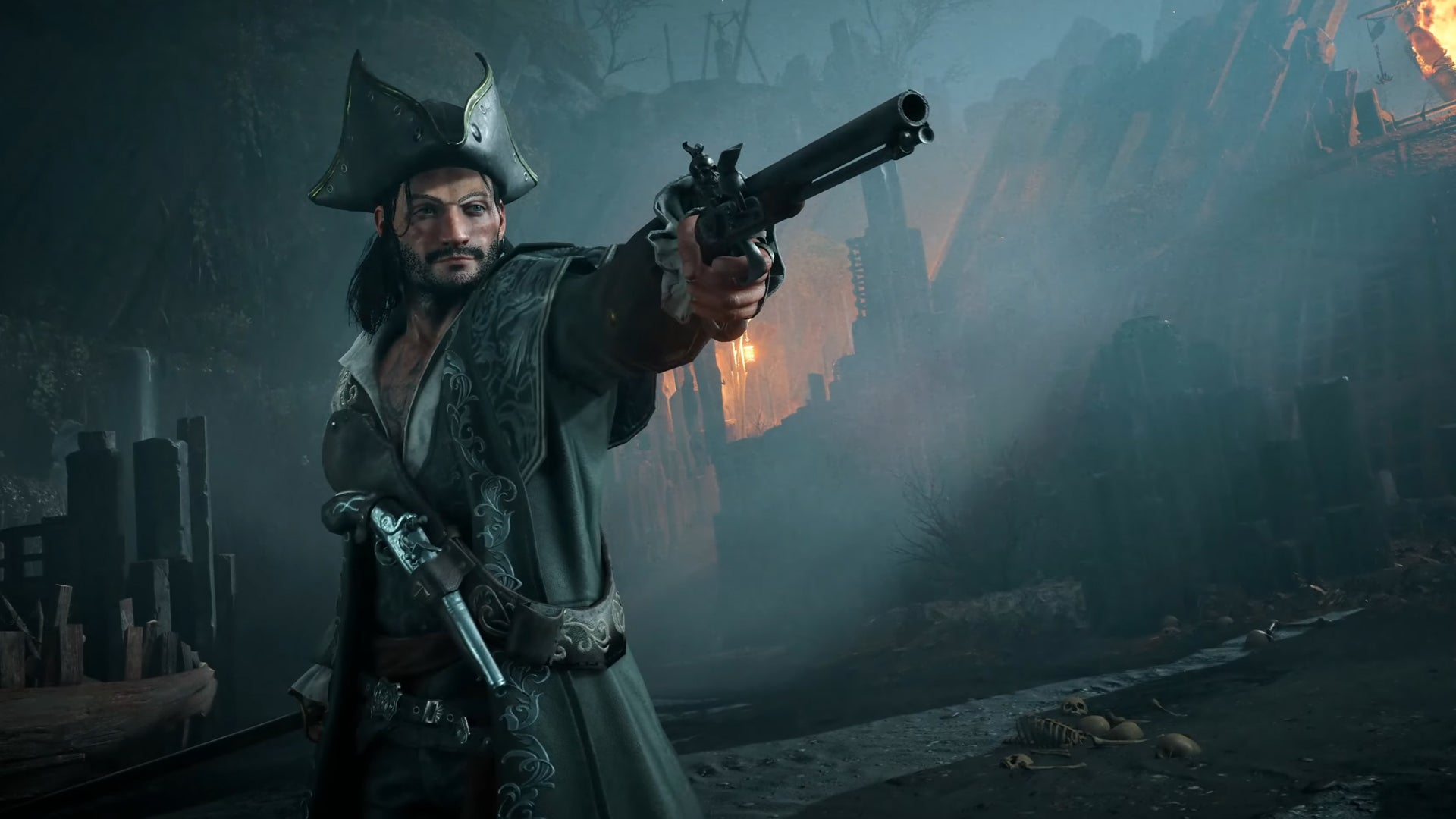 A pirate pointing a gun at something offscreen in Skull and Bones. - 1