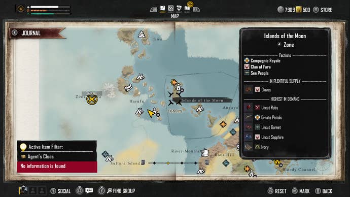 A map showing points of interest in Skull And Bones.