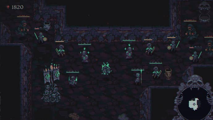 Pixel art minions do fights in a dark dungeon in Skull Horde.