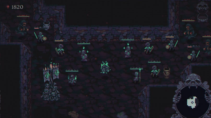 Pixel art minions do fights in a dark dungeon in Skull Horde.