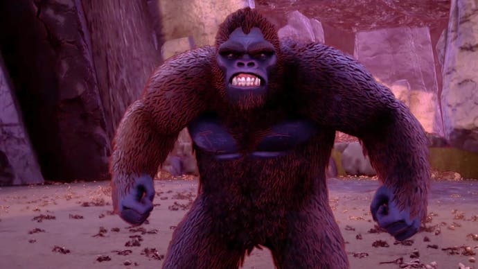 Screenshot from Skull Island: Rise of Kong release trailer of an artistic rendition of King Kong grimacing at the camera