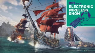 Several tall ships doing pirate stuff in Skull And Bones, with the electronic wireless show logo in the top right corner