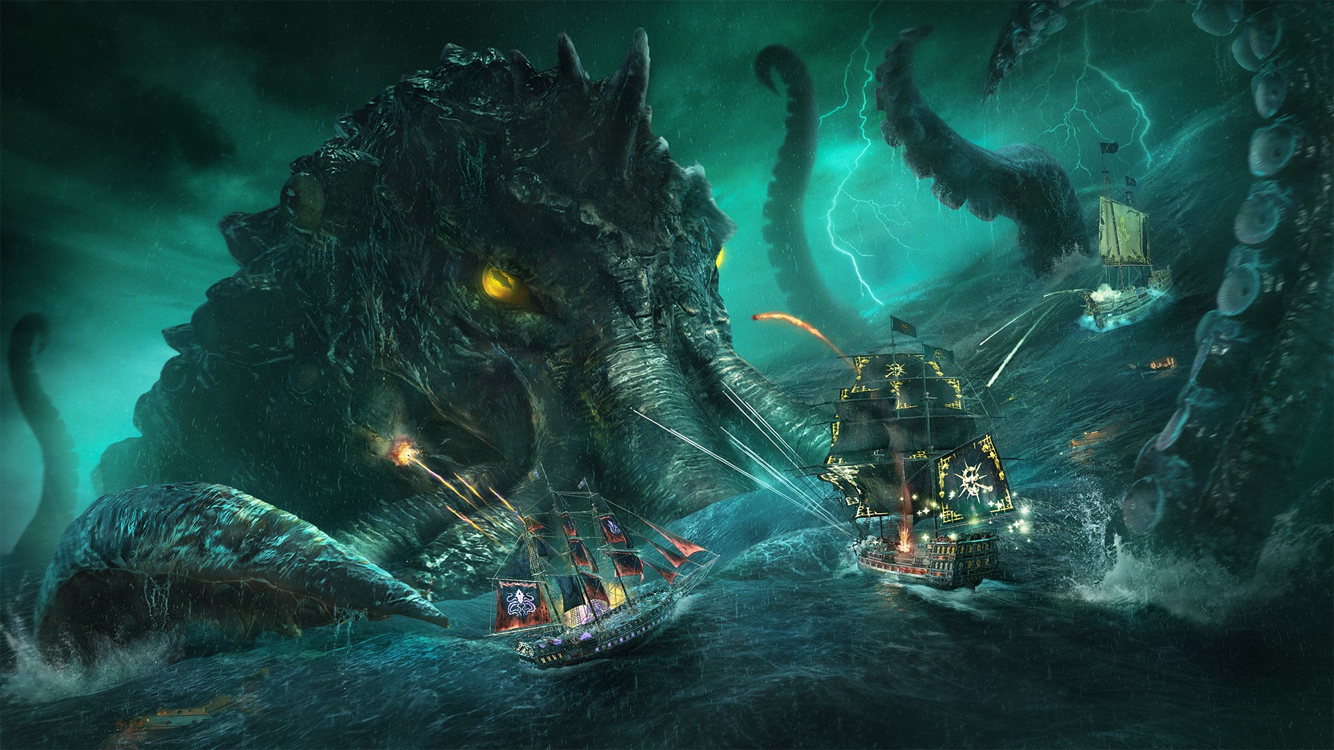 A huge tentacular kraken monster with yellow eyes rising in stormy seas to attack a group of pirate sailing ships. - 1