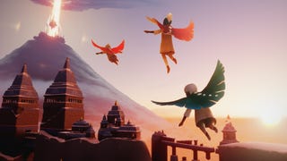 A Sky: Children of Light screenshot showing three characters using their capes to fly over desert ruins while a beam of light emanates from the peak of a distant mountain.