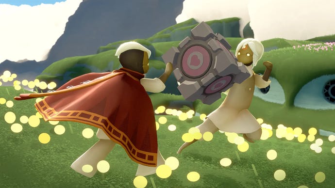 Two characters from Sky: Children Of The Light play with a Portal Companion Cube, with one dressed in the Journey cosmetic pack