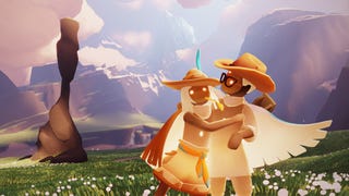 Two winged characters embrace against a mountainous background in Sky: Children Of The Light