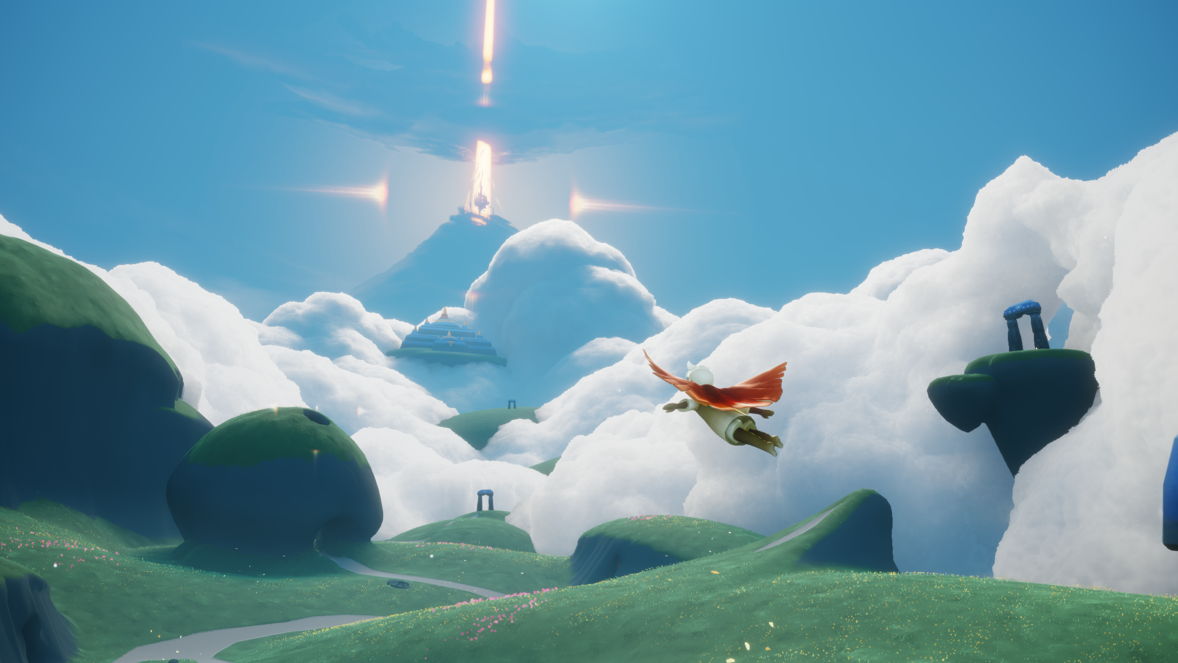 An avatar flies across green fields towards a glowing mountain in Sky: Children of the Light