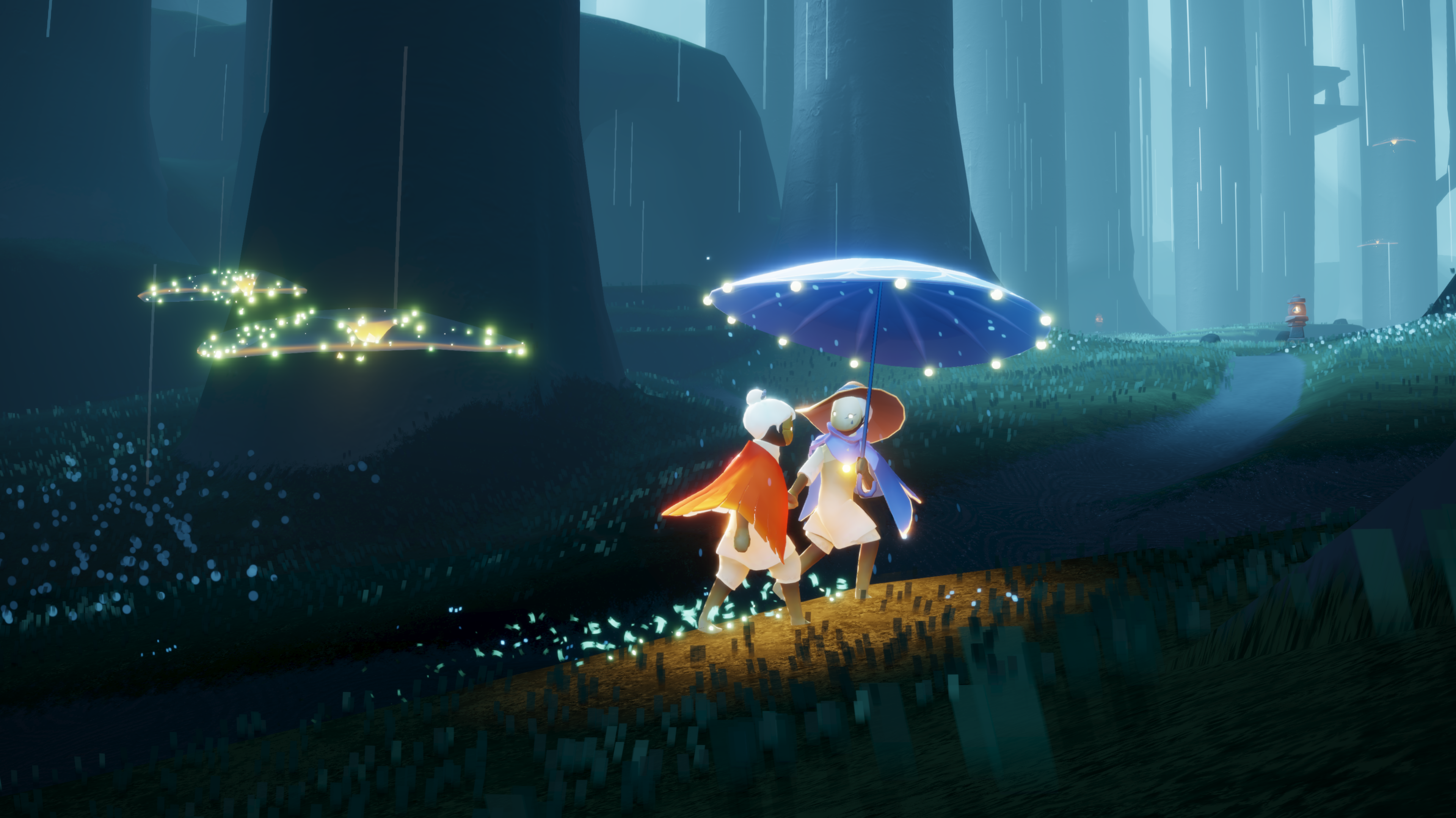 Two avatars shelter beneath an umbrella in a forest in Sky: Children of the Light