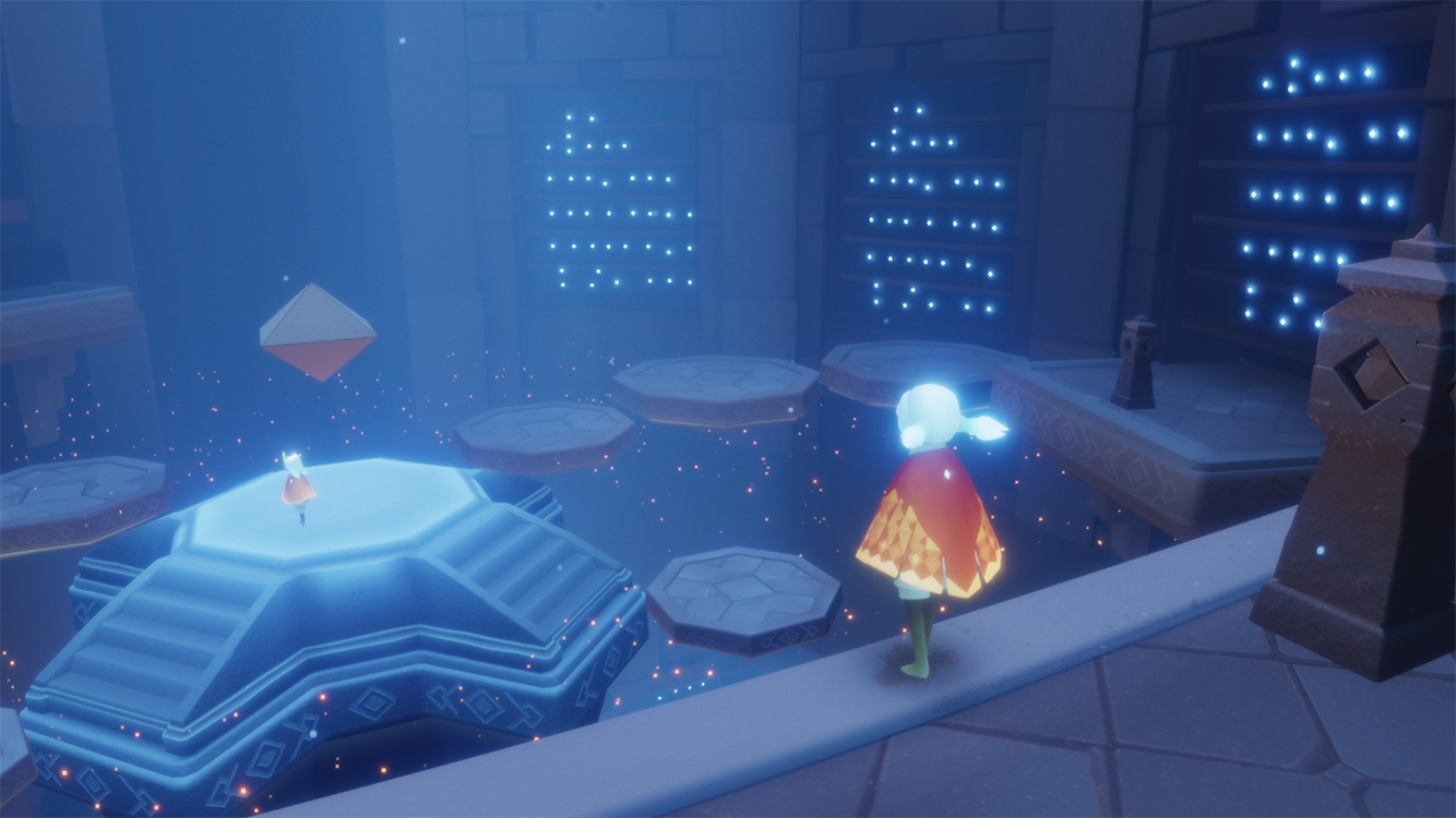 A character stands in a large, blue hall in Sky: Children of the Light