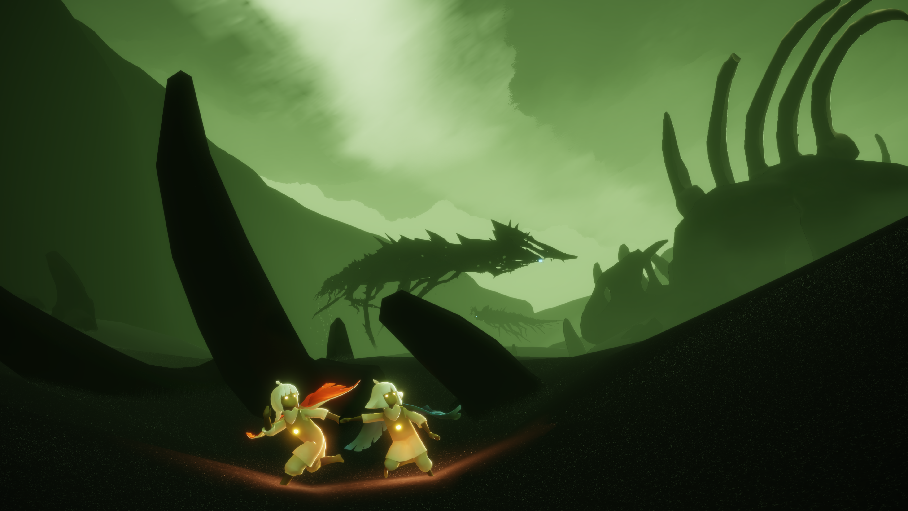 Two avatars in an ominous landscape with a giant ribcage in the background in Sky: Children of the Light